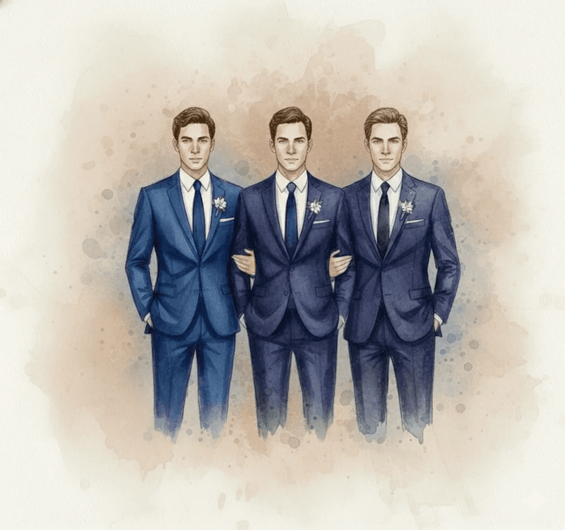 Ilustração de padrinhos com ternos azuis