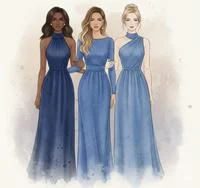 Ilustração de madrinhas com vestidos azuis